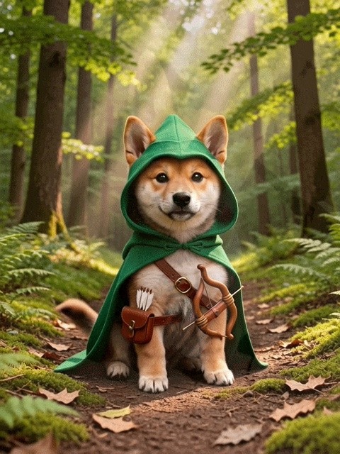 Shiba Inu in a green hood standing in a sunlit Sherwood-style forest